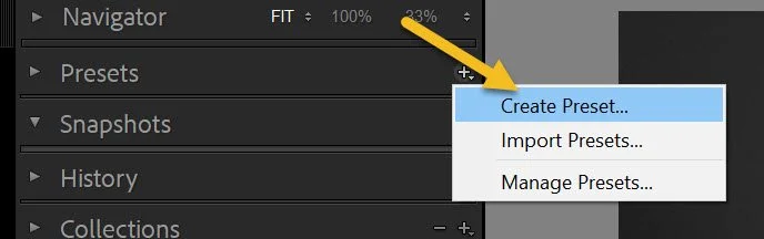 tapping the "Create Preset" option