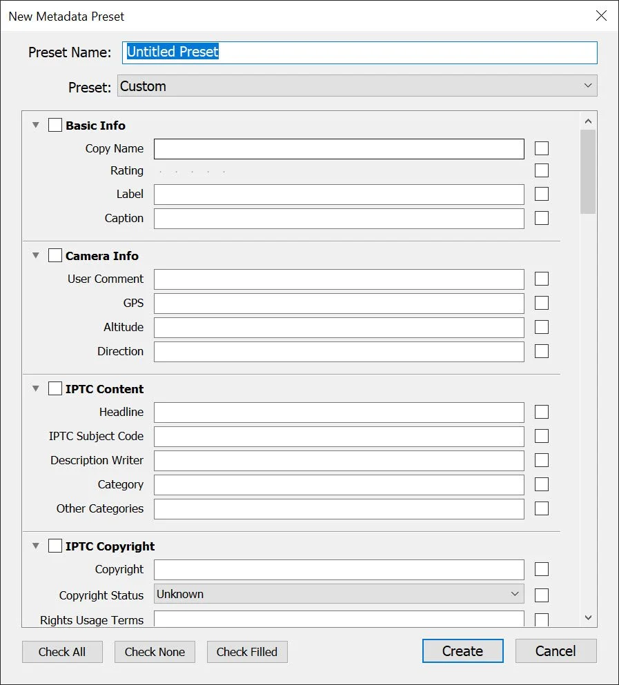 the New Metadata Preset window