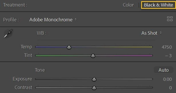 selecting Black and White in Lightroom