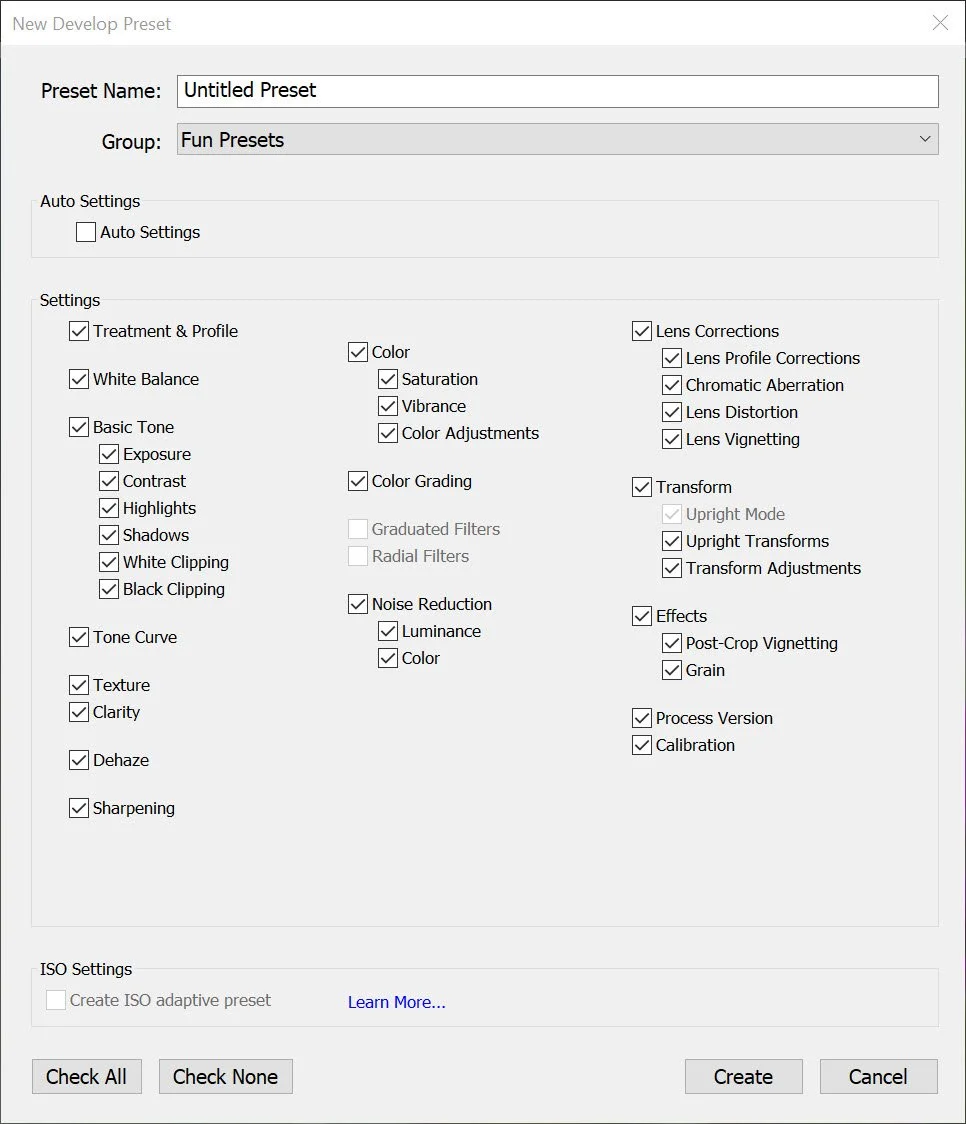 the New Develop Preset window
