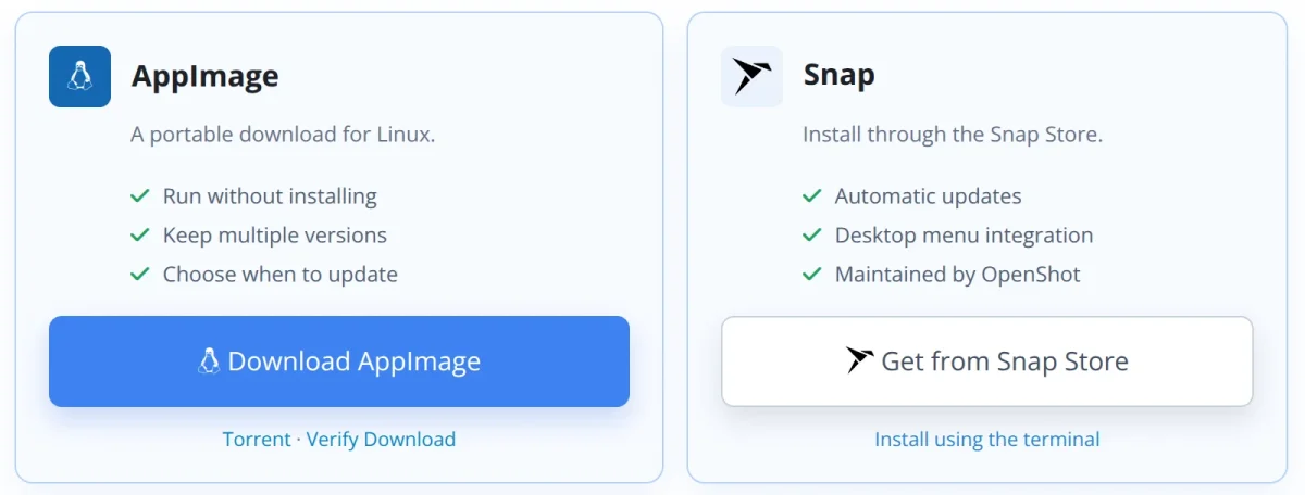 OpenShot Linux download options displayed