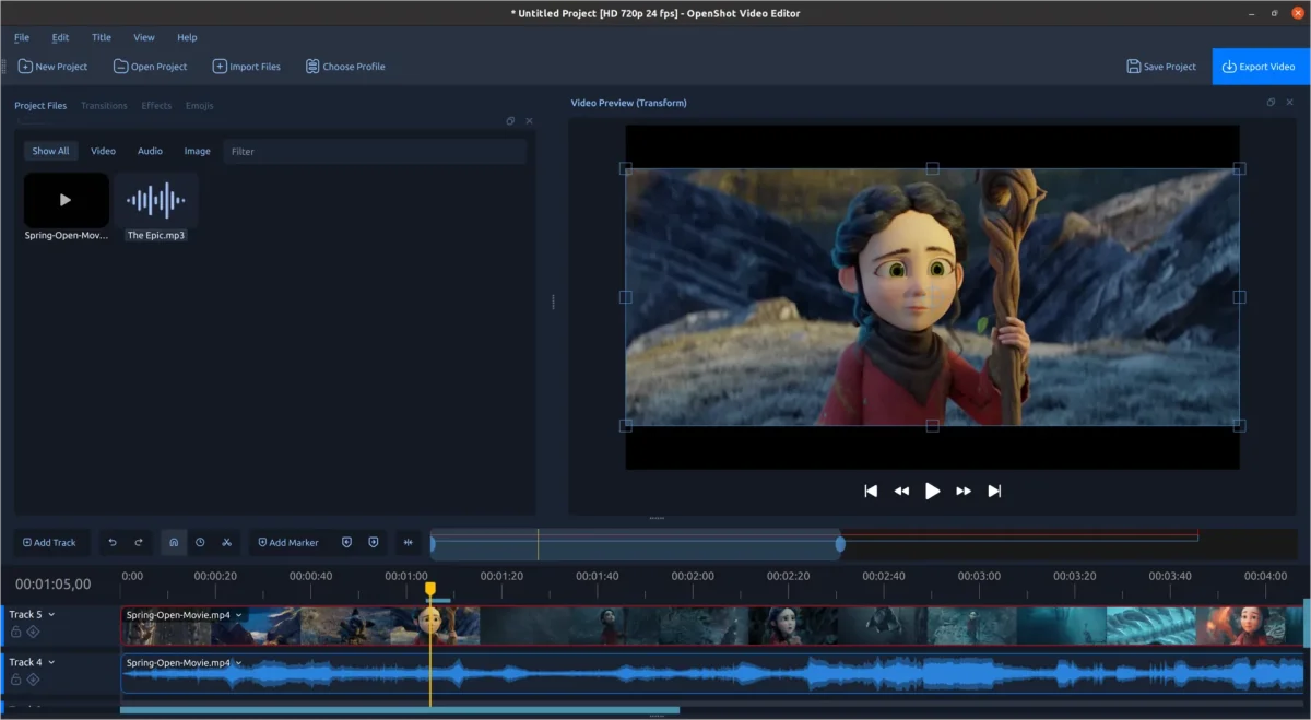 New OpenShot native timeline with improved visibility of audio waveforms and clip menus