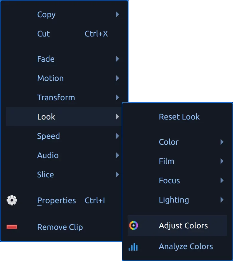 OpenShot clip context menu with new organizational options for effects