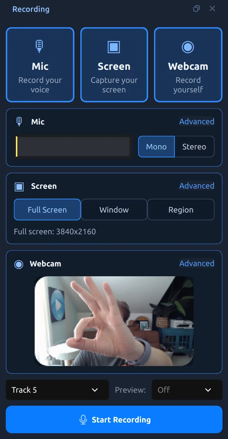 OpenShot recording controls for simultaneous audio and video capture