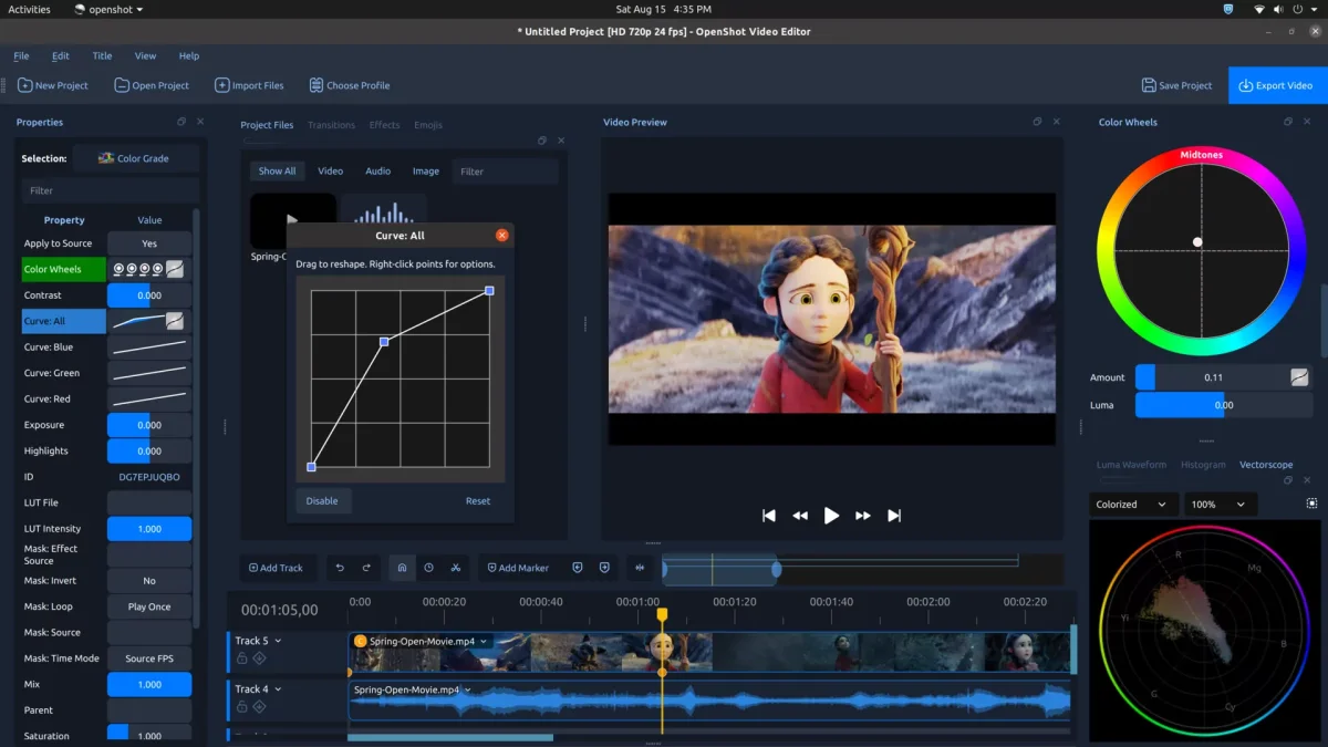 Color wheels and editable curves in OpenShot