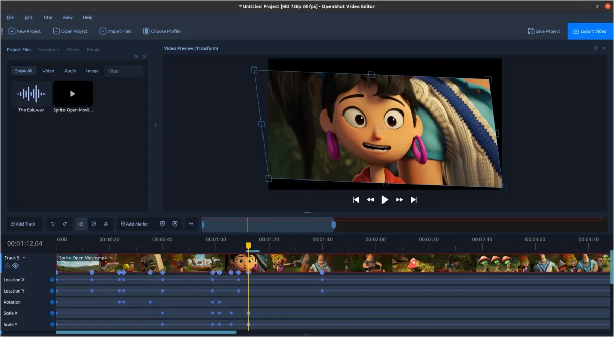 Animated keyframes displayed across a video clip in OpenShot