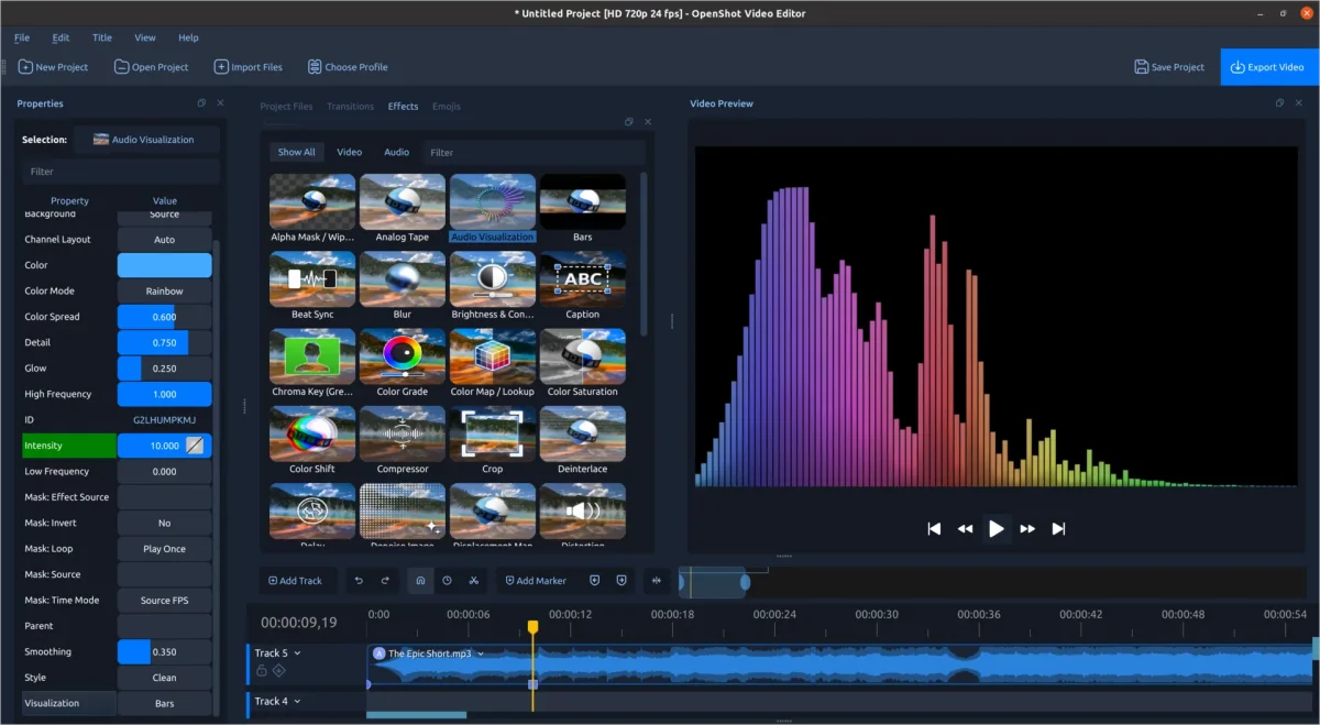 Colorful audio spectrum visuals from OpenShot