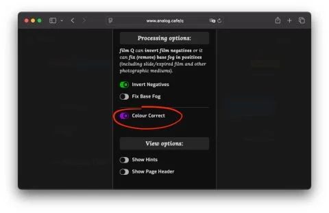film Q `v1.0.1` sets colour correction ON by default.