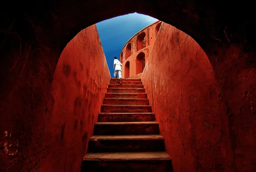 Looking up red steps in Jantar Mantar in New Delhi