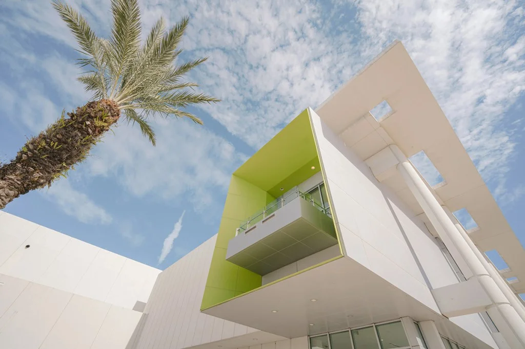low angle photo of a white and green modern building next to a palm tree