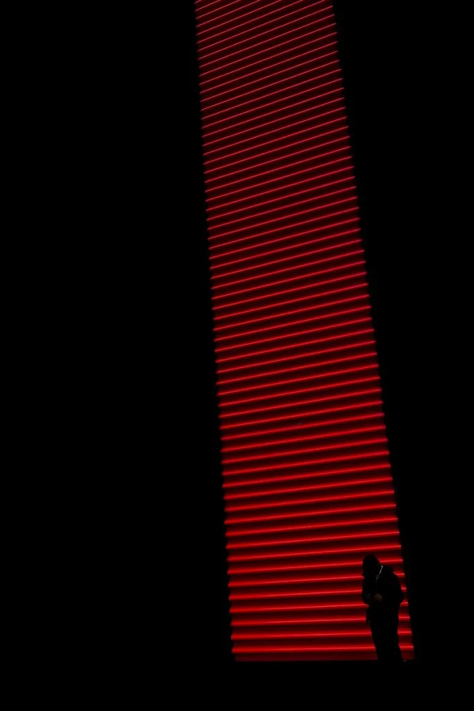 silhouette of a person against red building