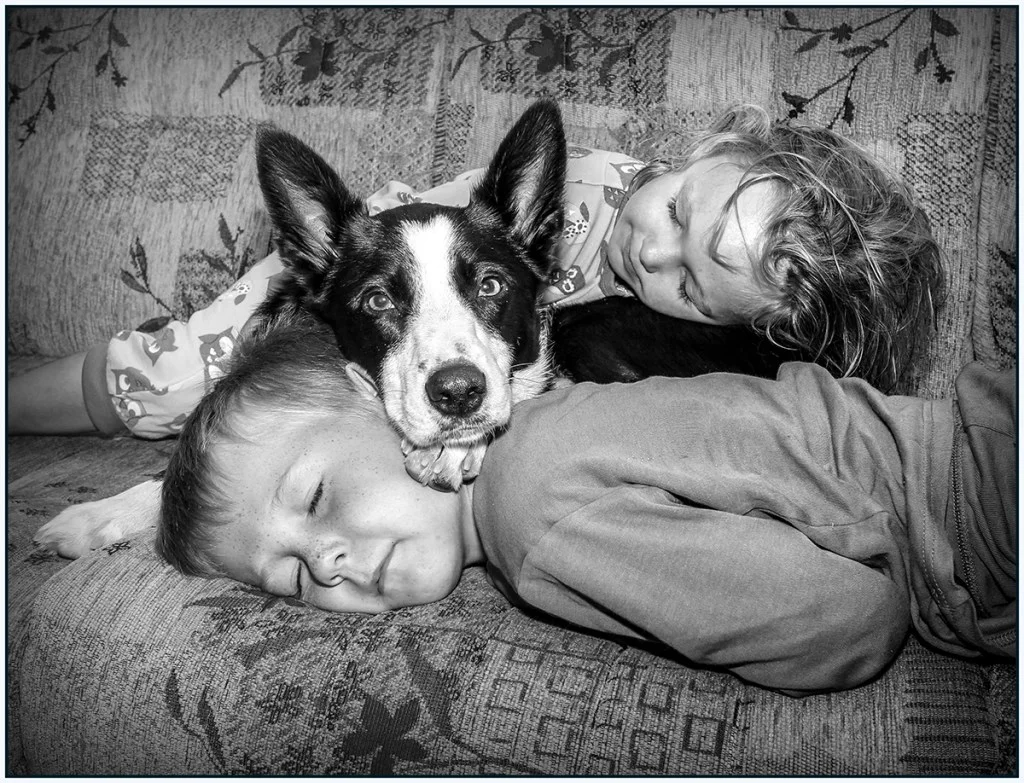 two small children asleep around a dog