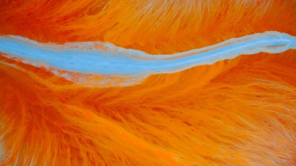 Aerial view of light blue river flowing through orange landscape