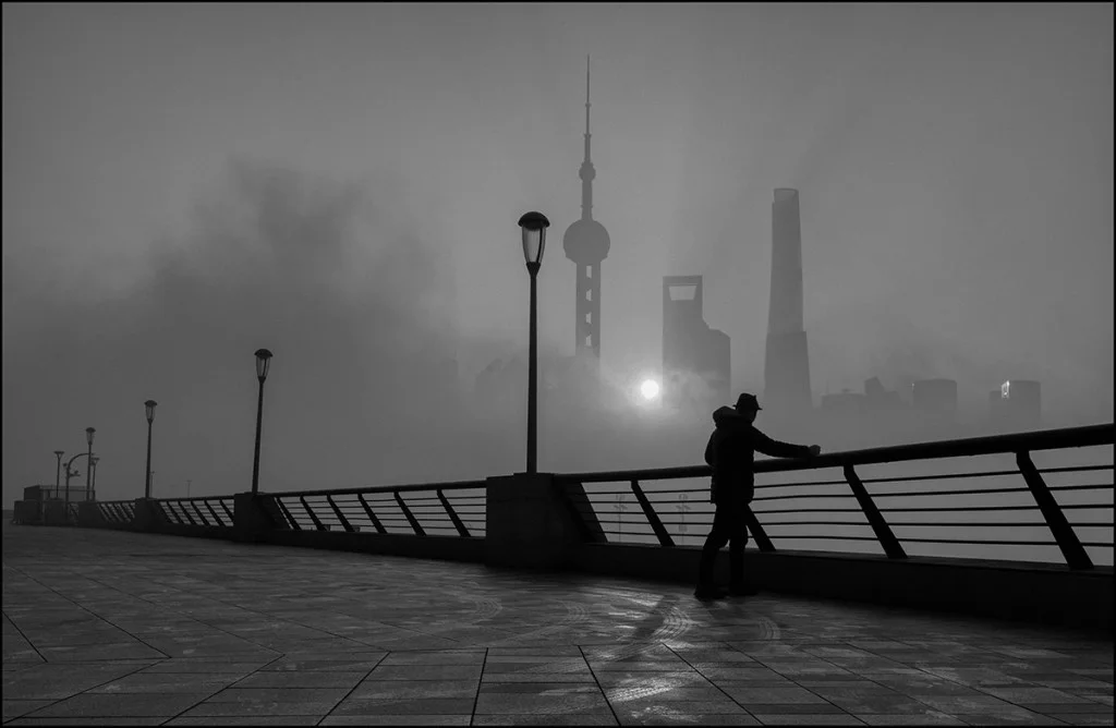 atmospheric photo during a misty early morning walk on the Bund, Shanghai