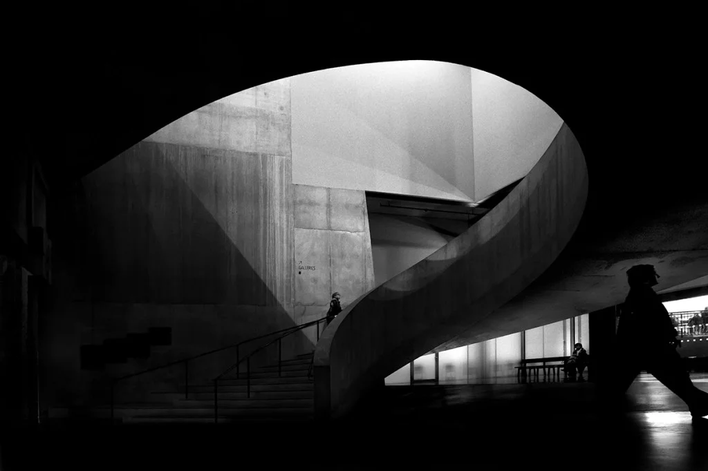 High contrast photo of a spiral staircase at Tate Modern