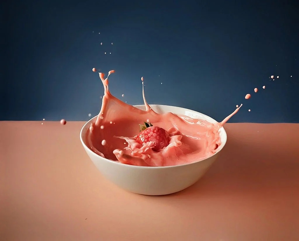 Dynamic shot of strawberry in milkshake