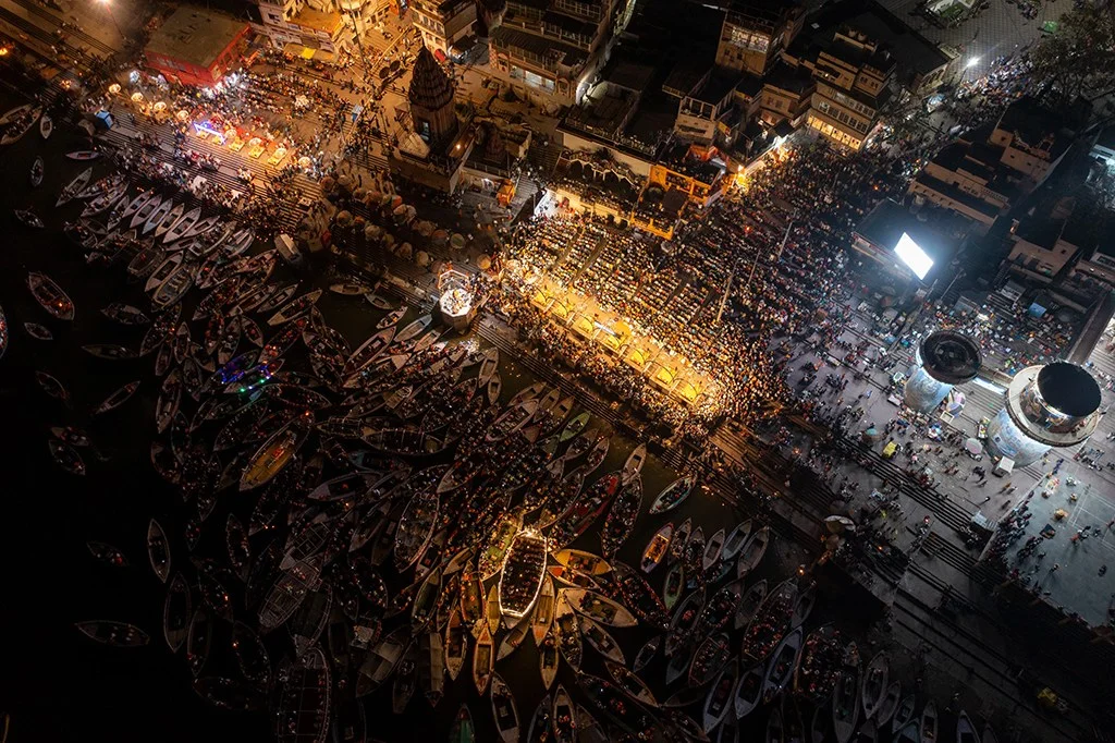 Drone photo over Ganga Aarti ceremony