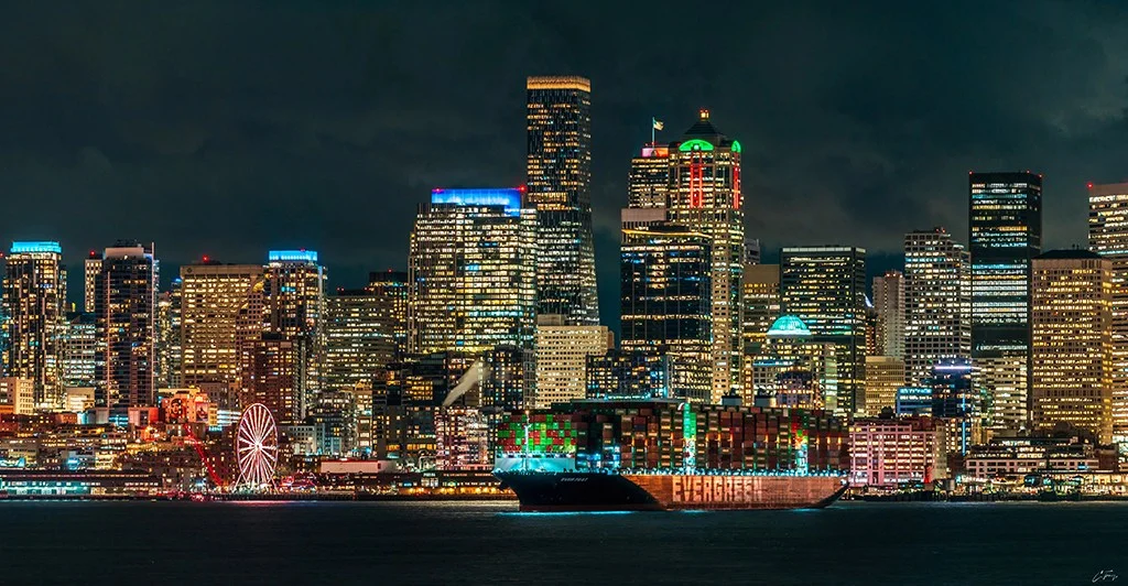Seattle skyline illuminated at night