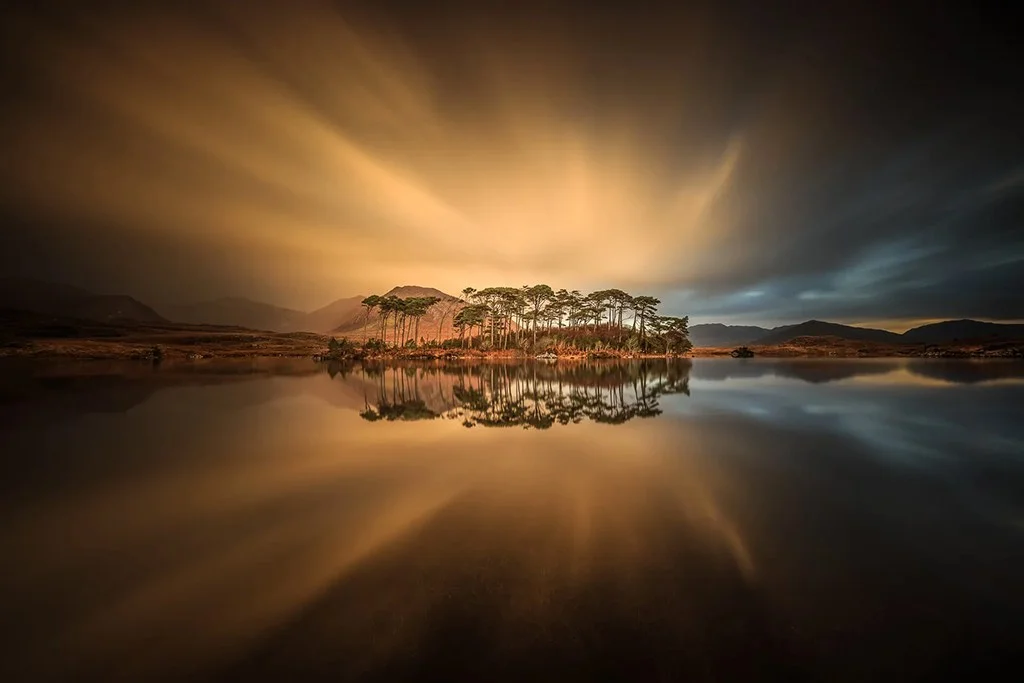 long exposure landscape photo of orange sky behind pine trees