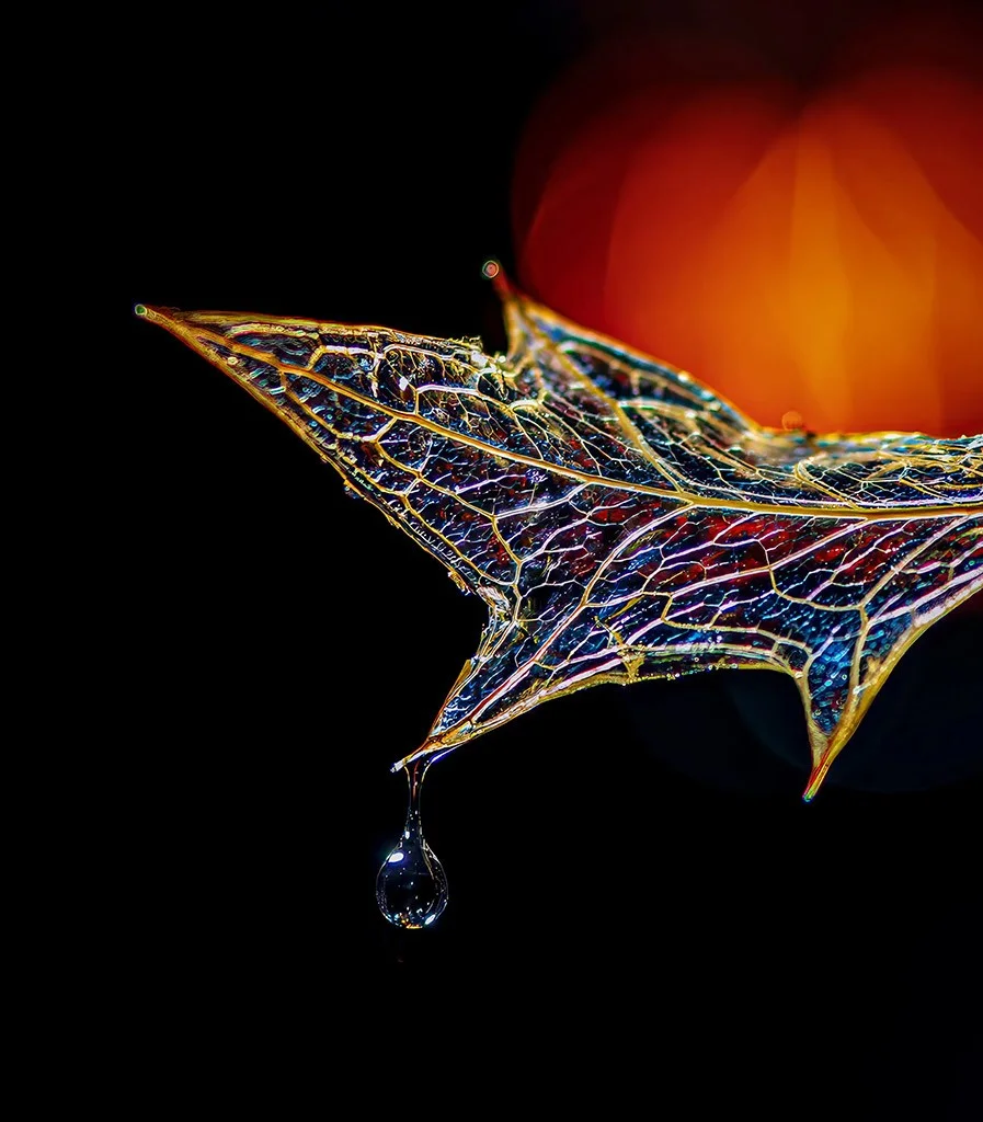 water droplet hanging off a translucent leaf