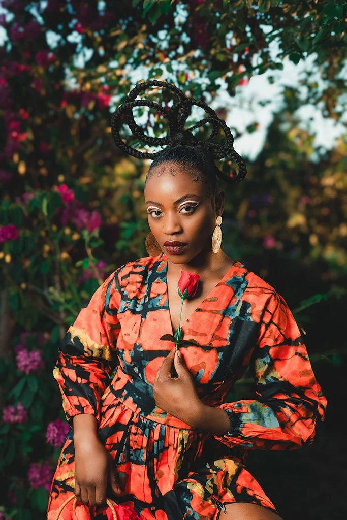 Model with floral background