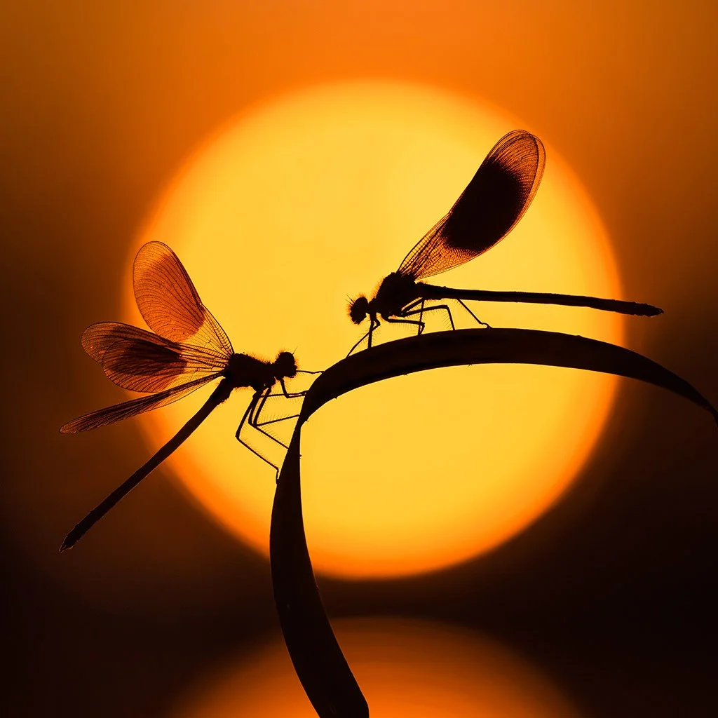 Two banded demoiselles against the rising sun