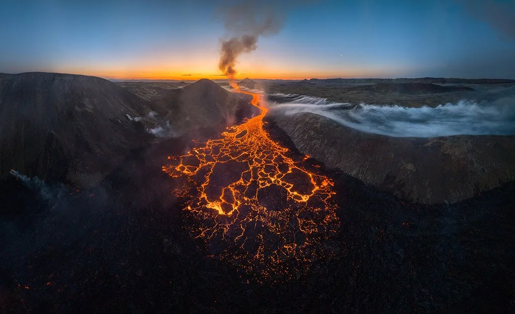 drone view of volcano lava
