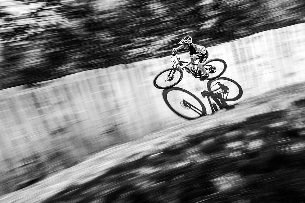 Top-down angle of cyclist on the path